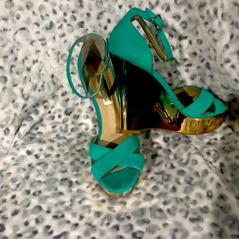 Teal green wedge shoe with green and gold ombré heel by I-N-C.